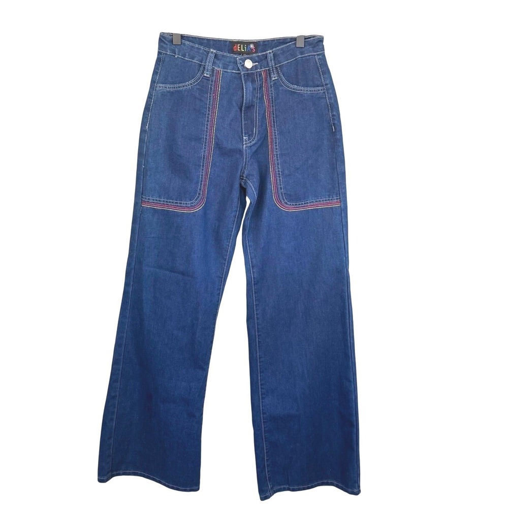 DELIAS Dolls Kill Rainbow Wide‎ Leg Jeans Dark Wash Colorful Stitch High Rise S